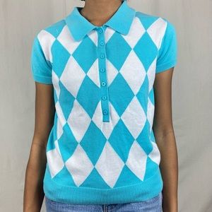 Preppy Argyle Checkered Short Sleeve Blue Top Sz S